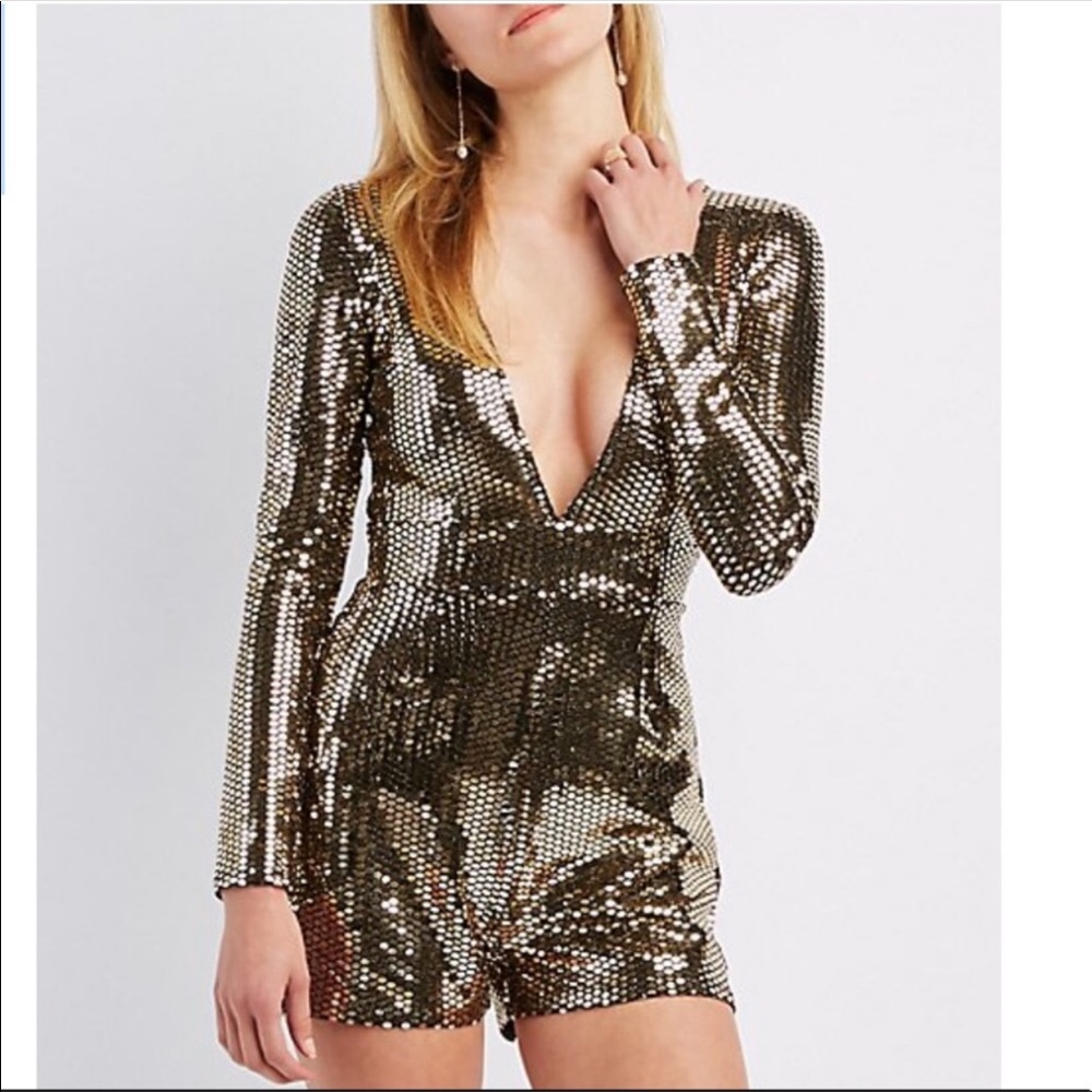 NWT Plunging Neckline Gold Sequin Romper, Size S